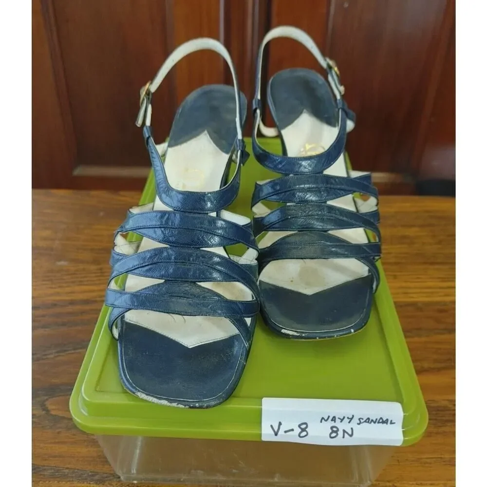 Luxe Retro Vintage Imported Mikelos Athens, Greece 8 N Navy Sandals Heels Chic